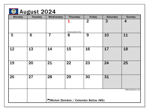 Kalender August 2024, Belize (EN). Plan zum Ausdrucken kostenlos.