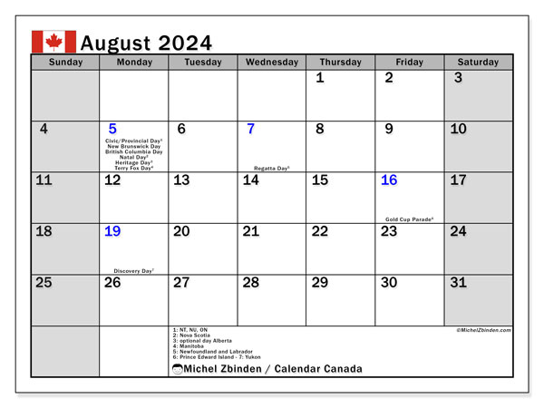 Calendario agosto 2024, Canada (EN). Calendario da stampare gratuito.