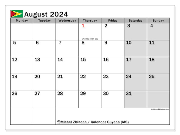 Kalender August 2024, Guyana (EN). Plan zum Ausdrucken kostenlos.