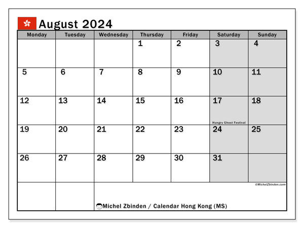 Kalender August 2024, Hongkong (EN). Plan zum Ausdrucken kostenlos.