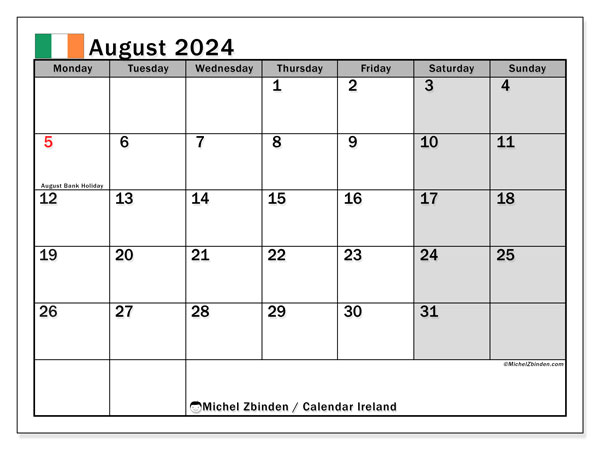 Calendario agosto 2024, Irlanda (EN). Calendario da stampare gratuito.