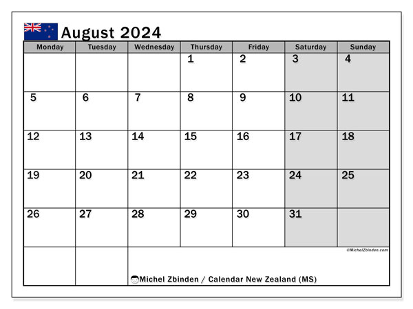 Calendario agosto 2024, Nuova Zelanda (EN). Calendario da stampare gratuito.
