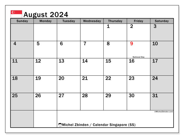 Calendario agosto 2024, Singapore (EN). Calendario da stampare gratuito.