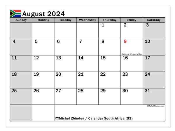 Calendario agosto 2024, Sudafrica (EN). Calendario da stampare gratuito.