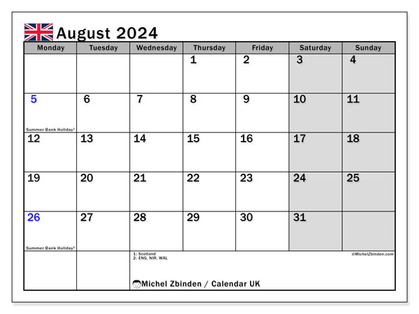 Calendario agosto 2024, Regno Unito (EN). Calendario da stampare gratuito.