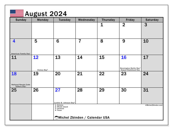 Kalender August 2024, USA (EN). Plan zum Ausdrucken kostenlos.