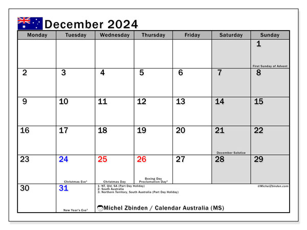 Kalender Dezember 2024, Australien (EN). Kalender zum Ausdrucken kostenlos.