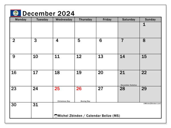 Kalender Dezember 2024, Belize (EN). Kalender zum Ausdrucken kostenlos.