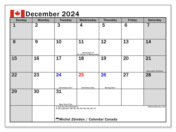 Kalender Dezember 2024, Kanada (EN). Kalender zum Ausdrucken kostenlos.