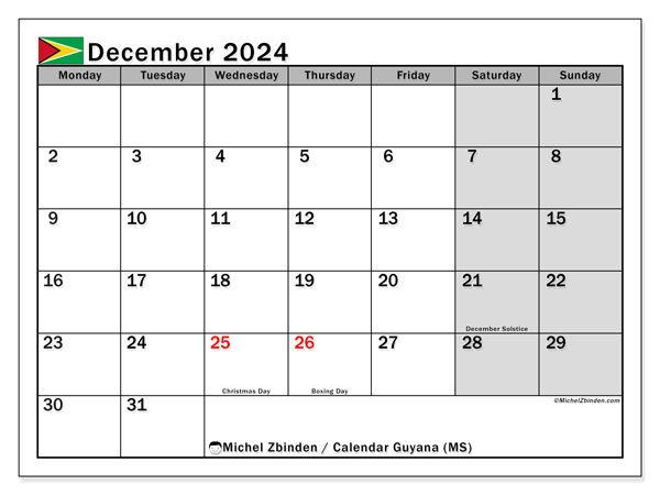 Calendario dicembre 2024, Guyana (EN). Piano da stampare gratuito.
