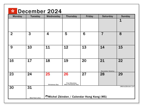 Kalender Dezember 2024, Hongkong (EN). Kalender zum Ausdrucken kostenlos.