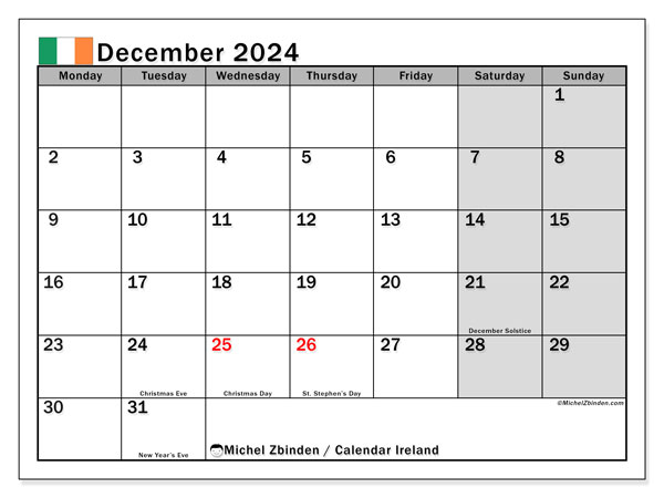 Kalender Dezember 2024, Irland (EN). Kalender zum Ausdrucken kostenlos.