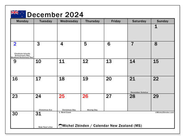 Kalender Dezember 2024, Neuseeland (EN). Kalender zum Ausdrucken kostenlos.
