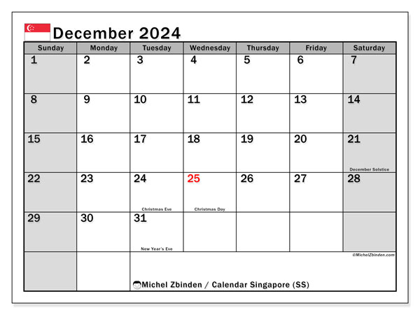 Kalender Dezember 2024, Singapur (EN). Kalender zum Ausdrucken kostenlos.
