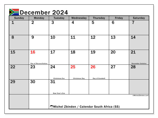 Calendario dicembre 2024, Sudafrica (EN). Piano da stampare gratuito.