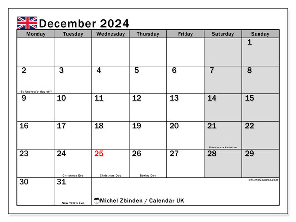 Calendario dicembre 2024, Regno Unito (EN). Piano da stampare gratuito.
