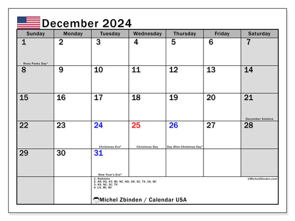 Calendario dicembre 2024, Stati Uniti (EN). Piano da stampare gratuito.