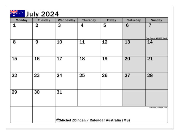 Calendario luglio 2024, Australia (EN). Orario da stampare gratuito.