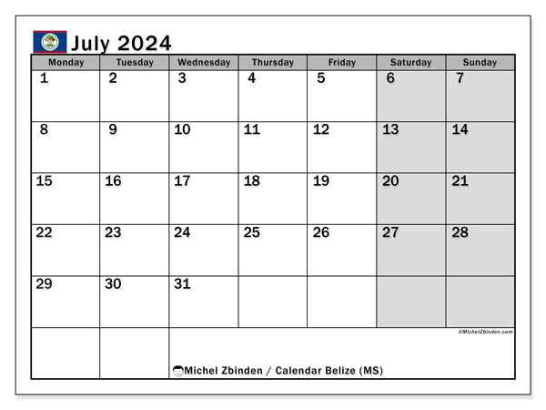 Calendario luglio 2024, Belize (EN). Orario da stampare gratuito.