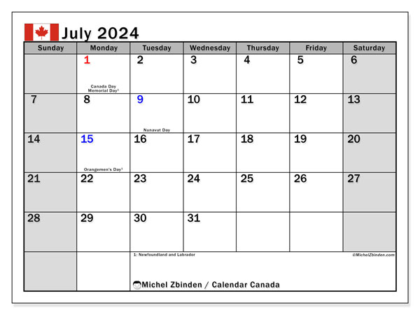 Calendario luglio 2024, Canada (EN). Orario da stampare gratuito.