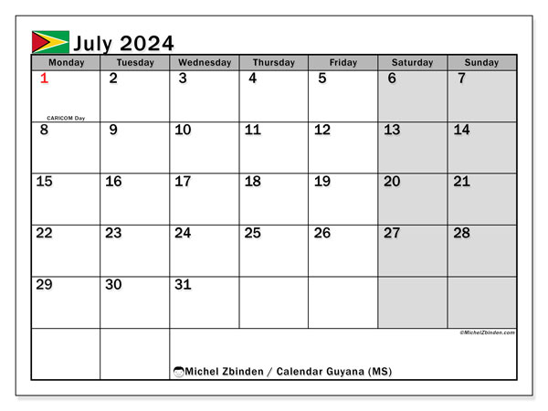 Calendario luglio 2024, Guyana (EN). Orario da stampare gratuito.