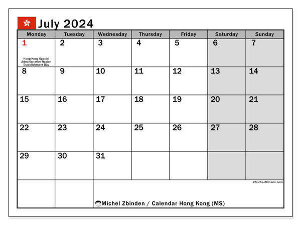 Calendario luglio 2024, Hong Kong (EN). Orario da stampare gratuito.