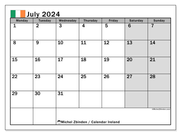 Calendario luglio 2024, Irlanda (EN). Orario da stampare gratuito.