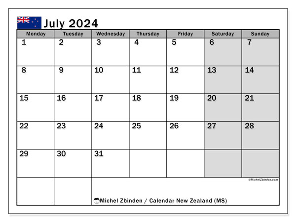 Kalender Juli 2024, Neuseeland (EN). Programm zum Ausdrucken kostenlos.