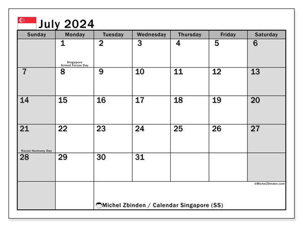 Calendario luglio 2024, Singapore (EN). Orario da stampare gratuito.
