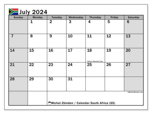 Calendario luglio 2024, Sudafrica (EN). Orario da stampare gratuito.