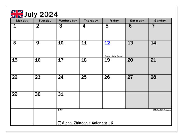 Kalender Juli 2024, UK (EN). Programm zum Ausdrucken kostenlos.
