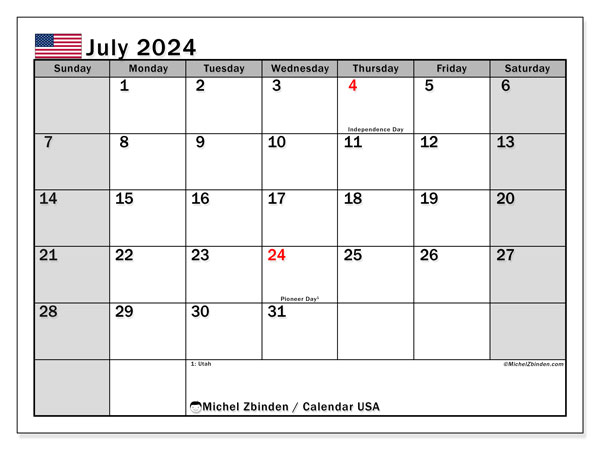 Calendario luglio 2024, Stati Uniti (EN). Orario da stampare gratuito.