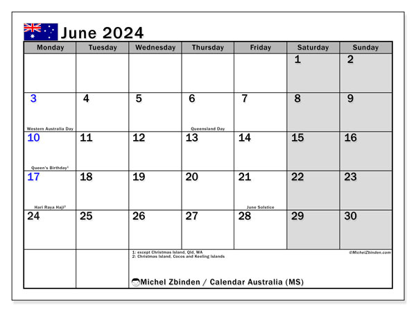 Calendario giugno 2024, Australia (EN). Orario da stampare gratuito.