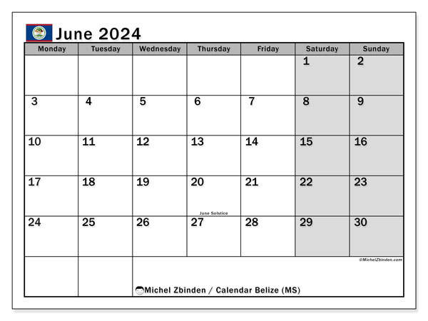 Calendario giugno 2024, Belize (EN). Orario da stampare gratuito.