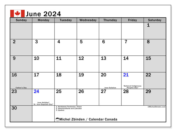 Calendario giugno 2024, Canada (EN). Orario da stampare gratuito.