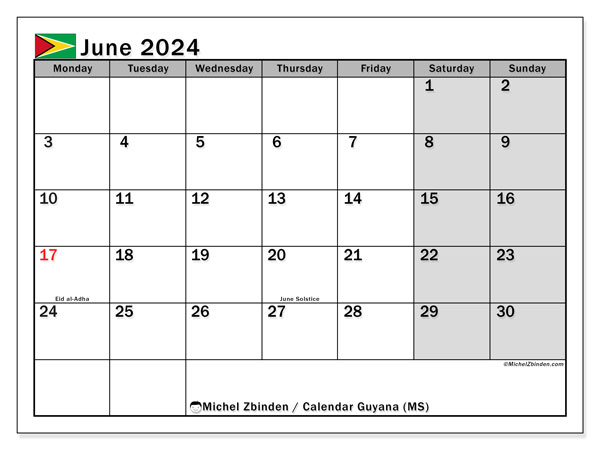 Calendario giugno 2024, Guyana (EN). Orario da stampare gratuito.
