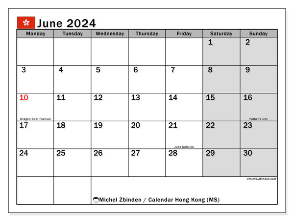 Kalender Juni 2024, Hongkong (EN). Programm zum Ausdrucken kostenlos.