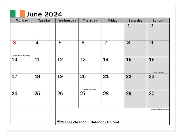Calendario giugno 2024, Irlanda (EN). Orario da stampare gratuito.