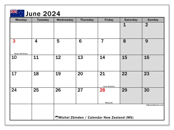 Kalender Juni 2024, Neuseeland (EN). Programm zum Ausdrucken kostenlos.