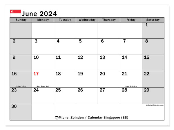 Calendario giugno 2024, Singapore (EN). Orario da stampare gratuito.