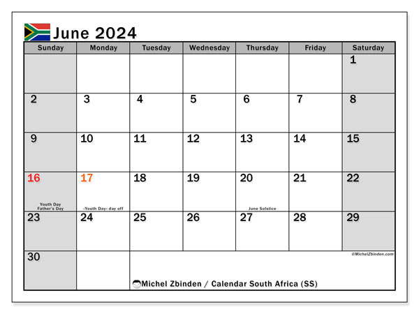Calendario giugno 2024, Sudafrica (EN). Orario da stampare gratuito.