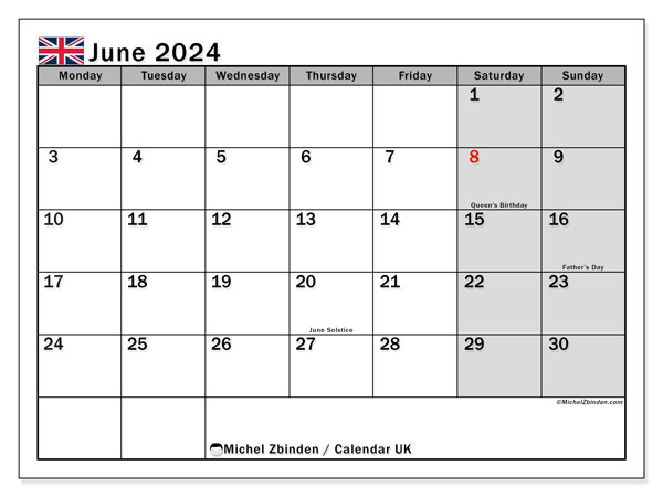 Kalender Juni 2024, UK (EN). Programm zum Ausdrucken kostenlos.