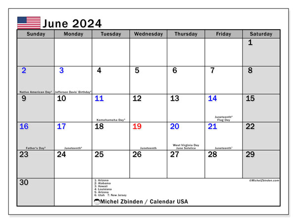 Kalender Juni 2024, USA (EN). Programm zum Ausdrucken kostenlos.