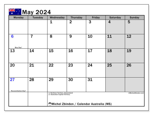 Calendario maggio 2024, Australia (EN). Programma da stampare gratuito.