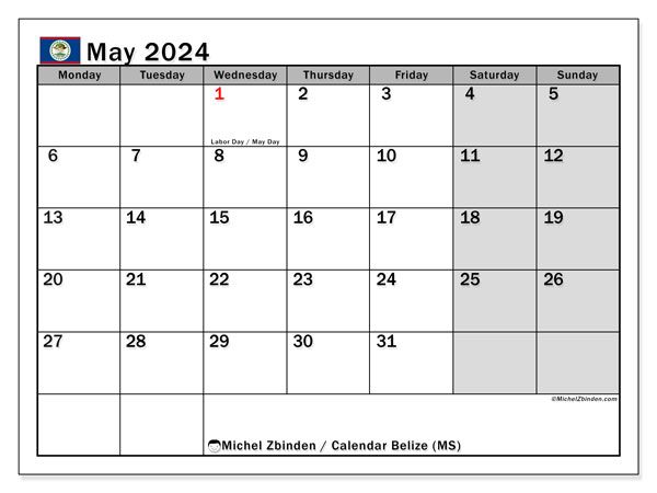 Calendario maggio 2024, Belize (EN). Programma da stampare gratuito.