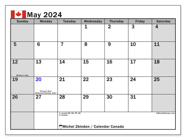 Calendario maggio 2024, Canada (EN). Programma da stampare gratuito.