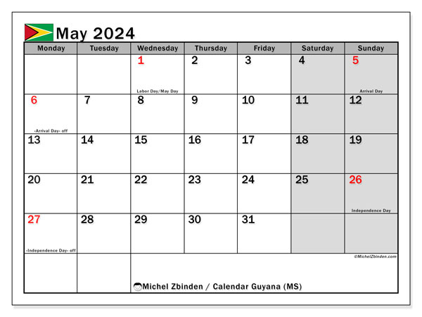 Calendario maggio 2024, Guyana (EN). Programma da stampare gratuito.