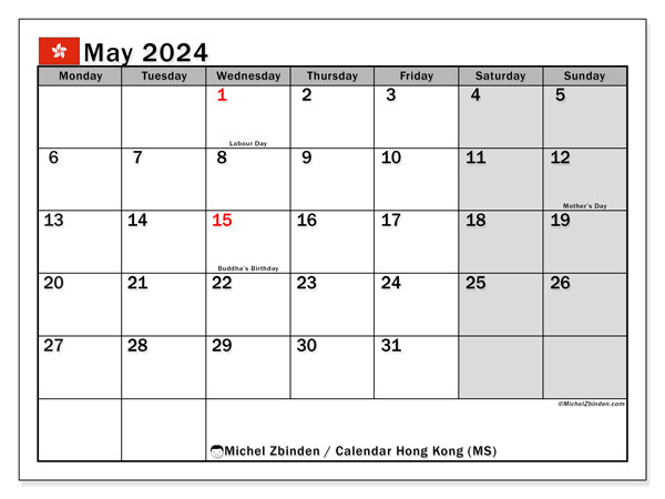 Calendario maggio 2024, Hong Kong (EN). Programma da stampare gratuito.