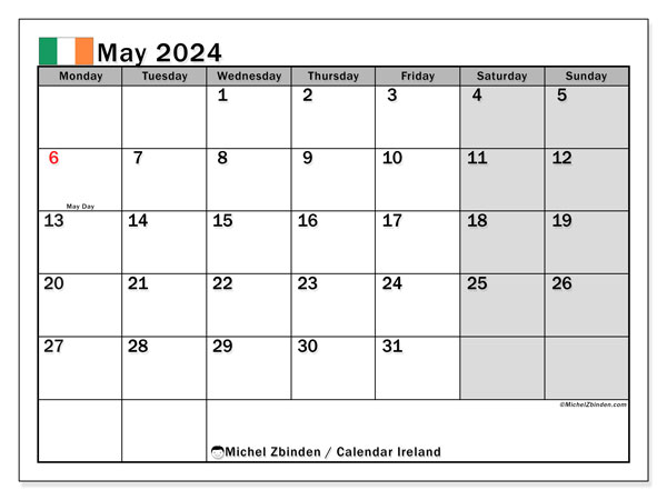 Calendario maggio 2024, Irlanda (EN). Programma da stampare gratuito.