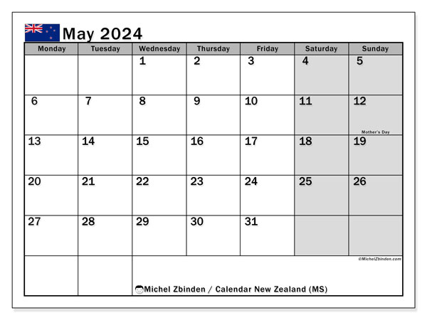 Calendario maggio 2024, Nuova Zelanda (EN). Programma da stampare gratuito.